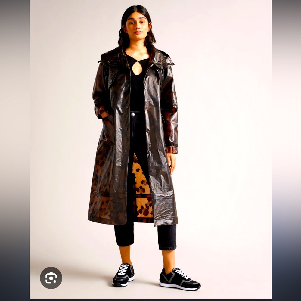 NWT TED BAKER Rosalei Brown Translucent Hooded Printed Rain Mac Coat size medium